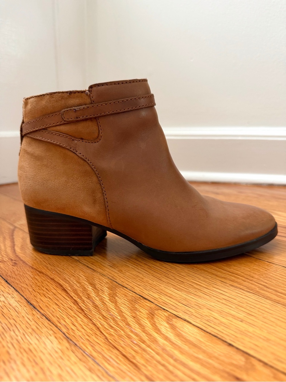 Lauren Ralph Lauren Damara Mixed Leather Suede Block Heel Ankle Cognac Boots 7.5